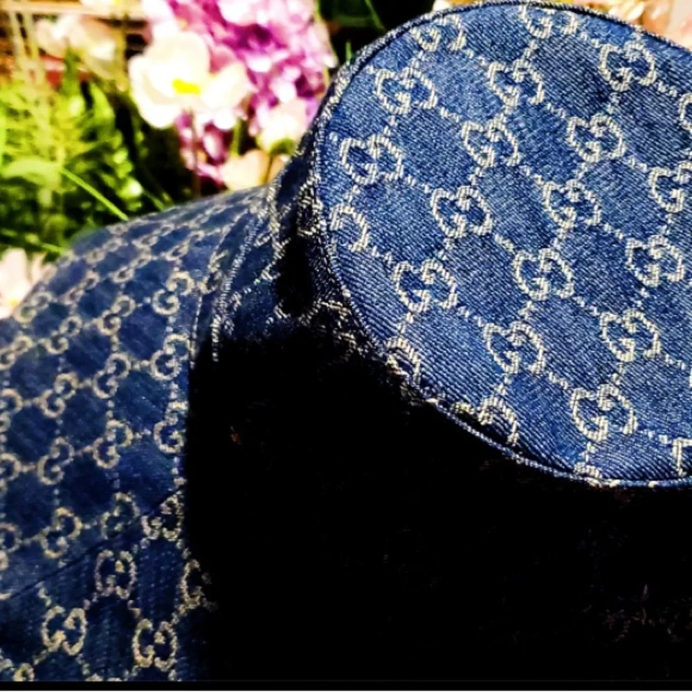 Denim Monogram Wide Large Brim Jacquard Bucket Hat Navy Blue Beach Sun Coverage - Picture 15 of 16